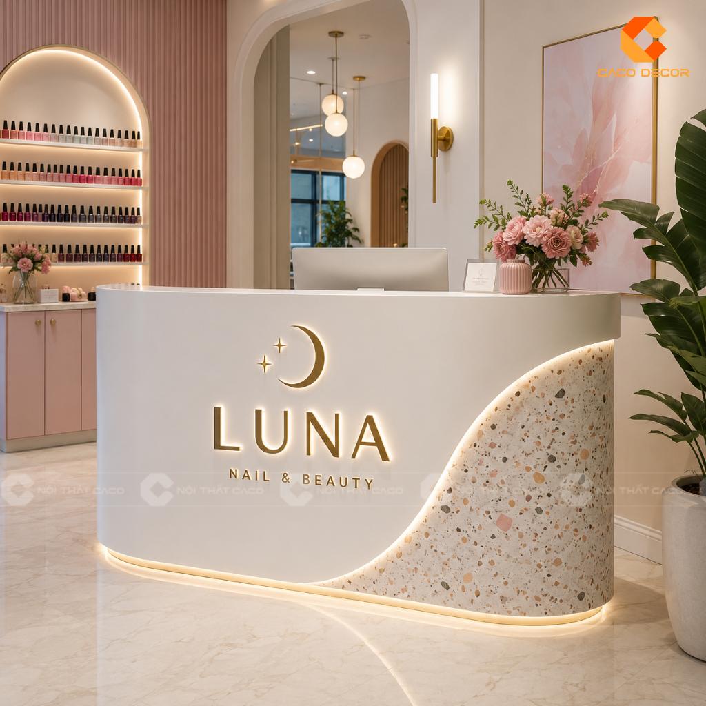 Thiết Kế Quầy Lễ Tân Hiện Đại Với Logo Nổi Chuyên Nghiệp 16