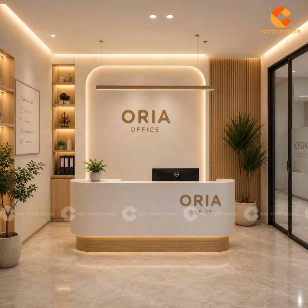 Thiết Kế Quầy Lễ Tân Hiện Đại Với Logo Nổi Chuyên Nghiệp 1