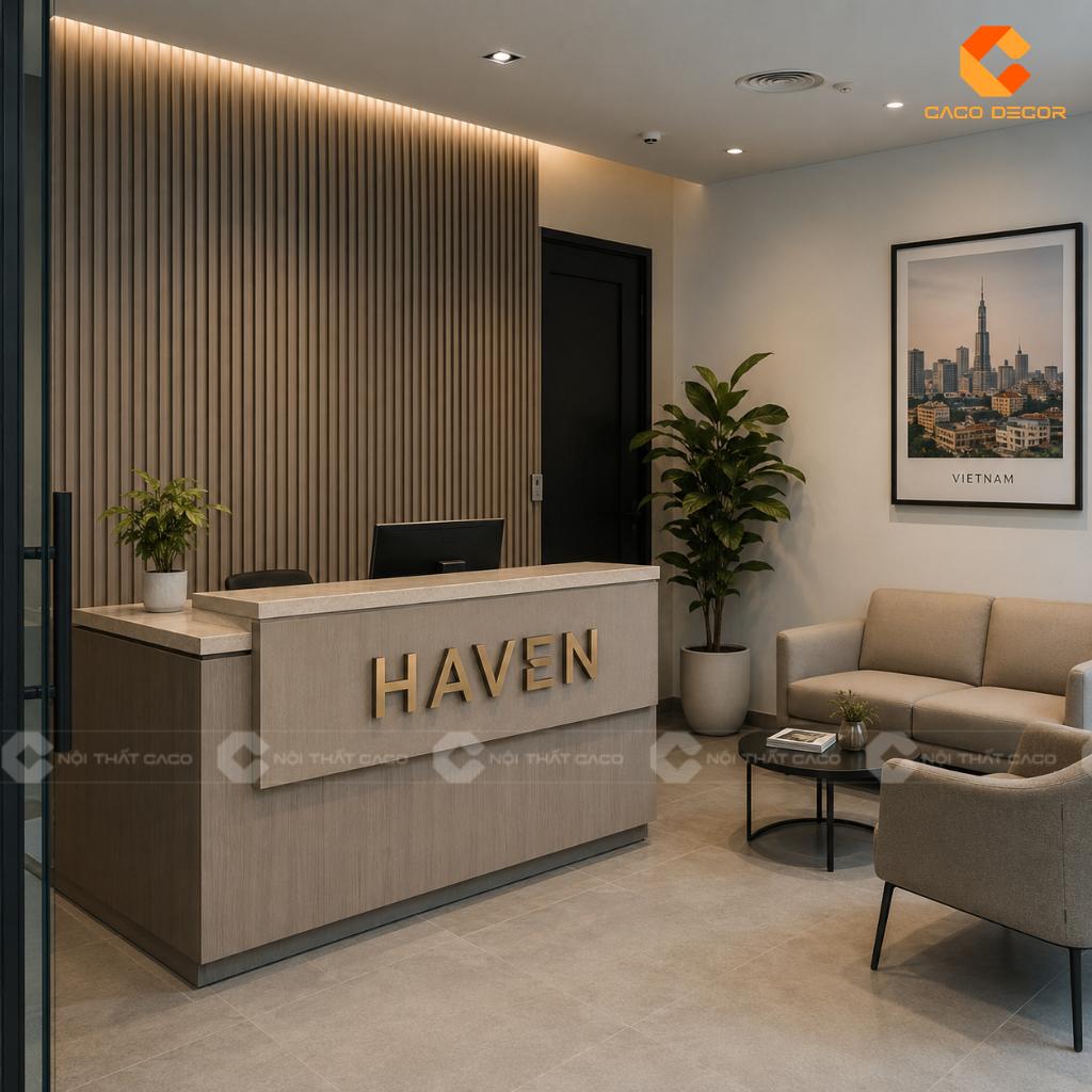 Thiết Kế Quầy Lễ Tân Hiện Đại Với Logo Nổi Chuyên Nghiệp 2