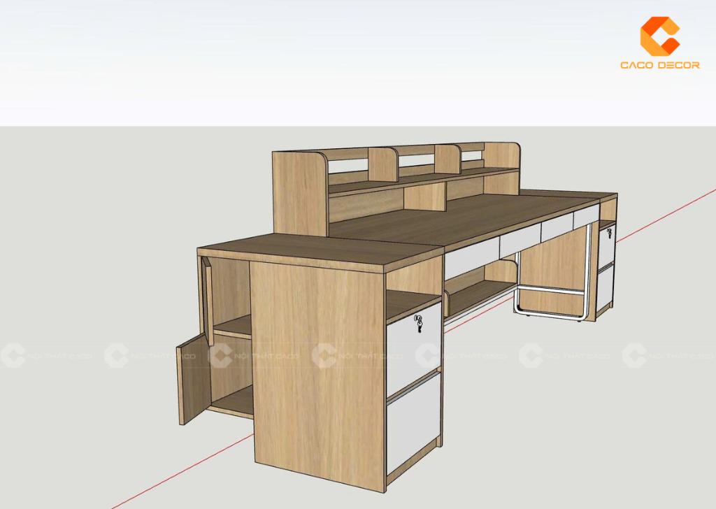 Phối cảnh 2D bàn đôi gỗ công nghiệp phối trắng theo yêu cầu