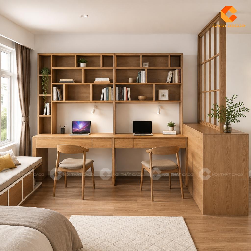 Phối cảnh 3D bàn học liền kệ sách