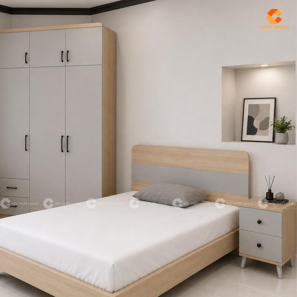 Phối cảnh 3D combo phòng ngủ gồm giường ngủ và tủ đầu giường