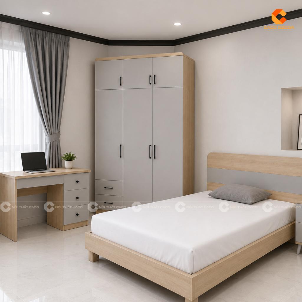 Phối cảnh 3D combo phòng ngủ gồm giường, tủ áo, bàn làm việc