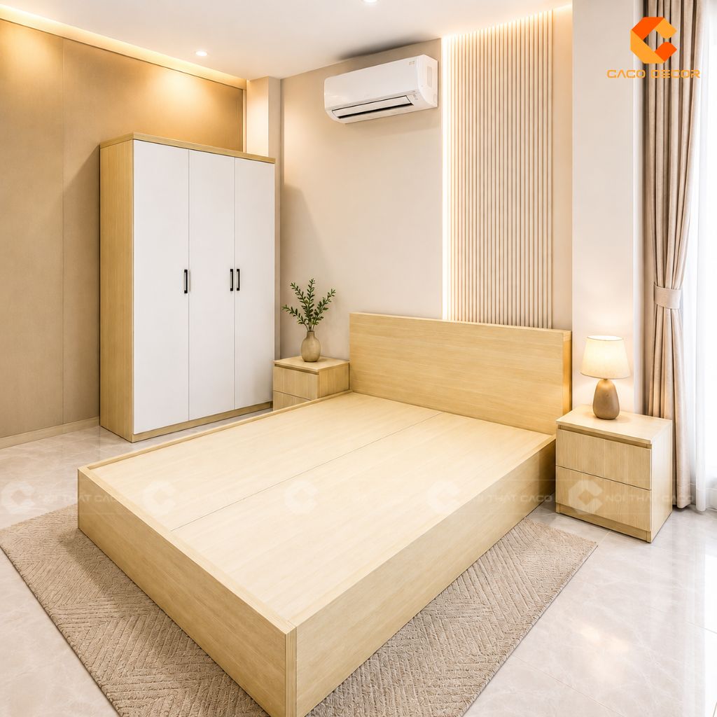 Phối cảnh 3D combo phòng ngủ màu vân gỗ sáng