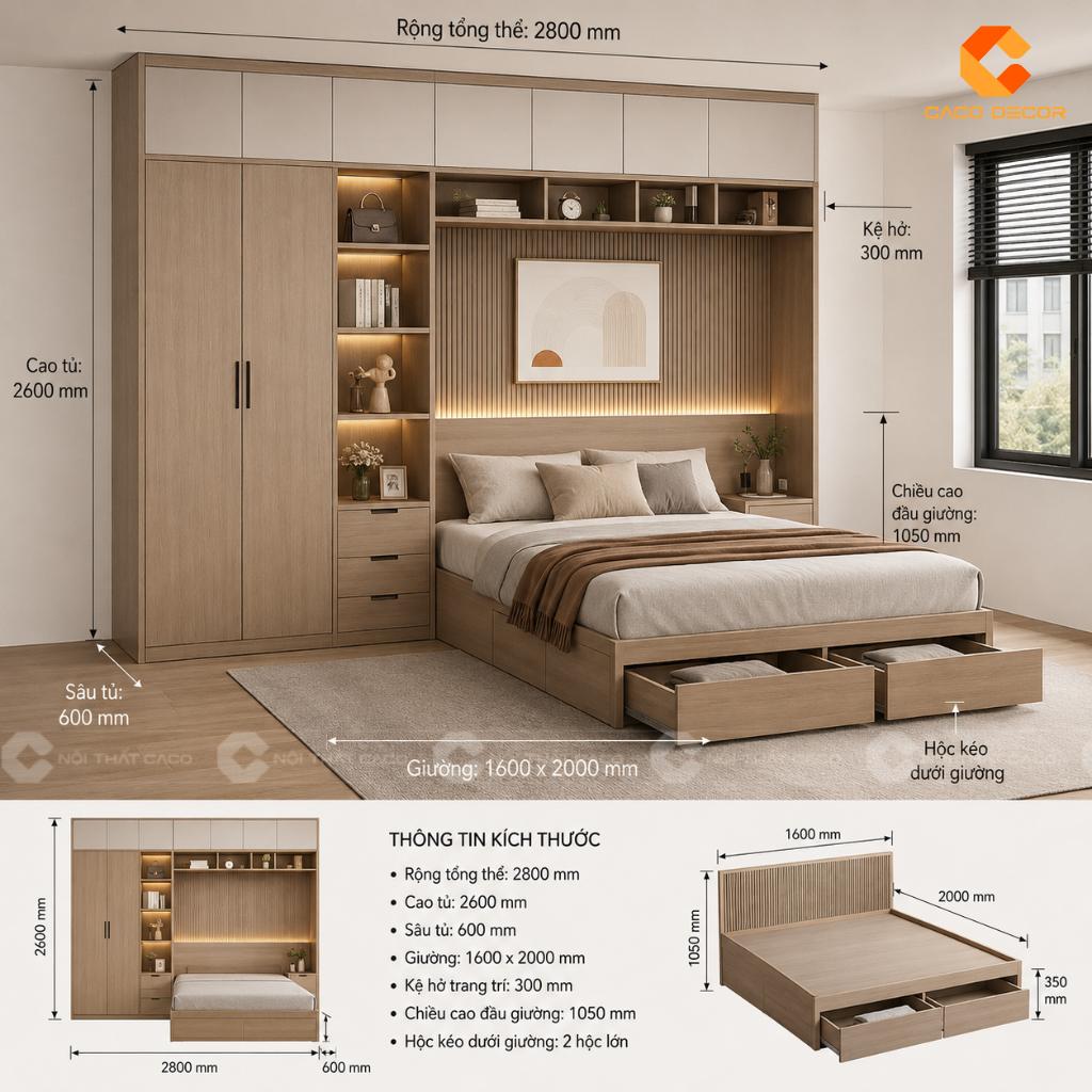 Phối cảnh 3D thi công giường liền tủ thông minh