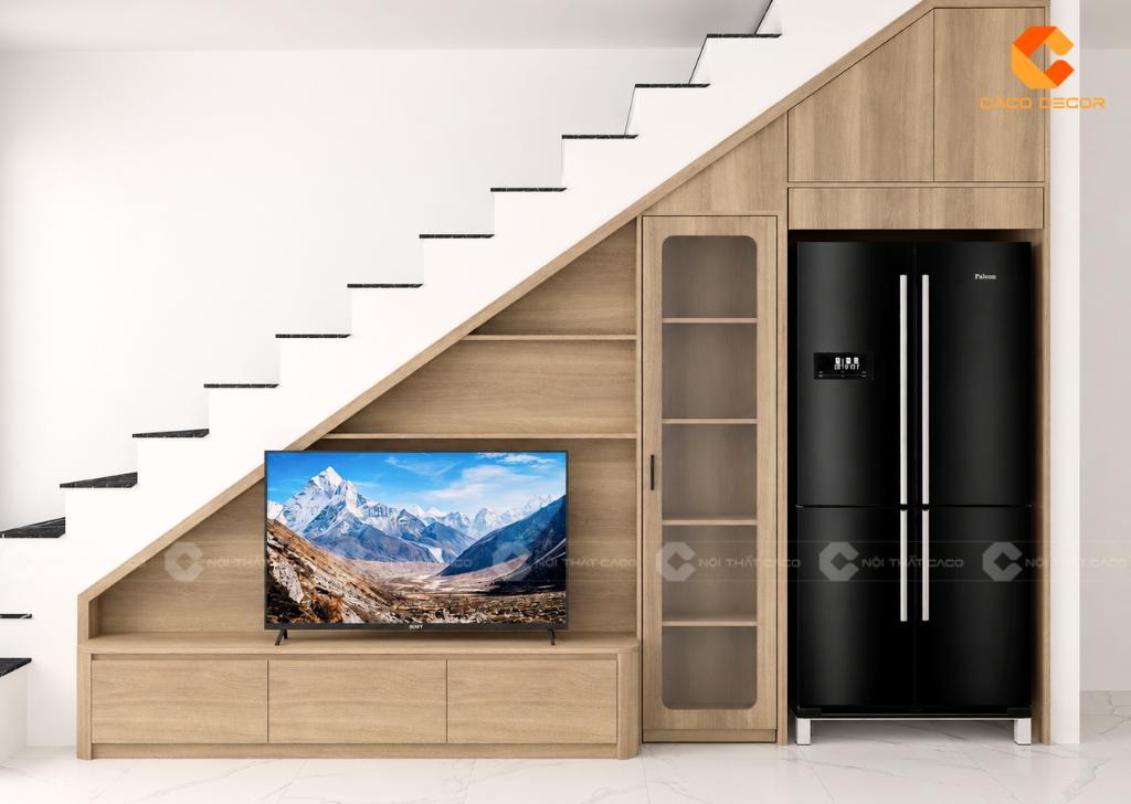 Phối cảnh 3D tủ kệ gầm cầu thang có khoang tủ lạnh và tủ kính