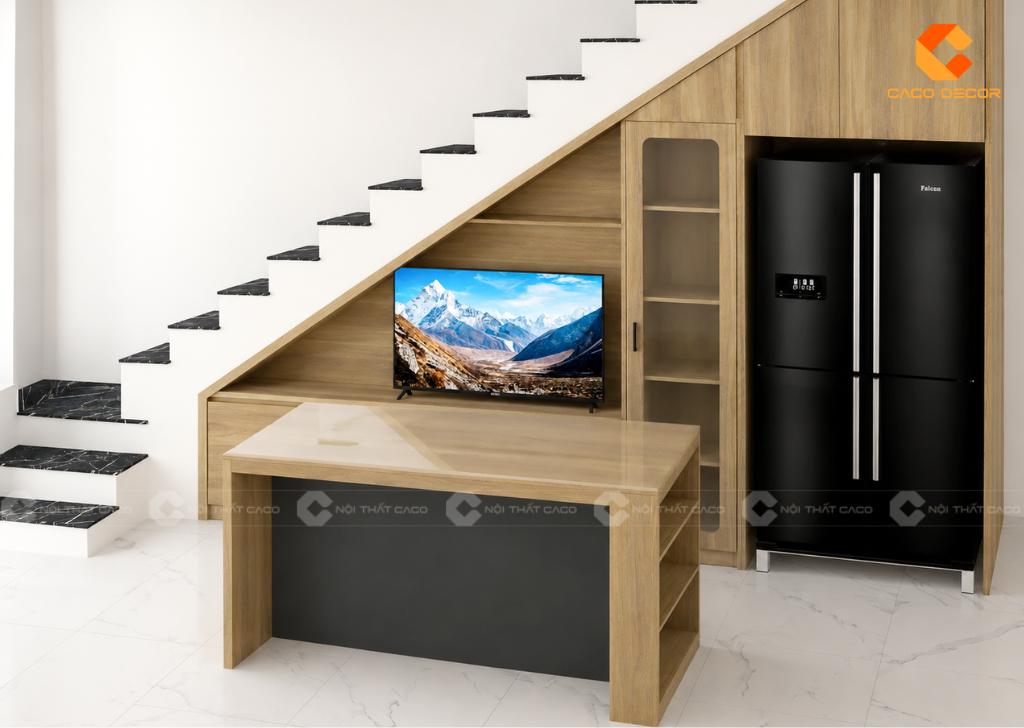Phối cảnh 3D tủ kệ gầm cầu thang kết hợp bàn ăn