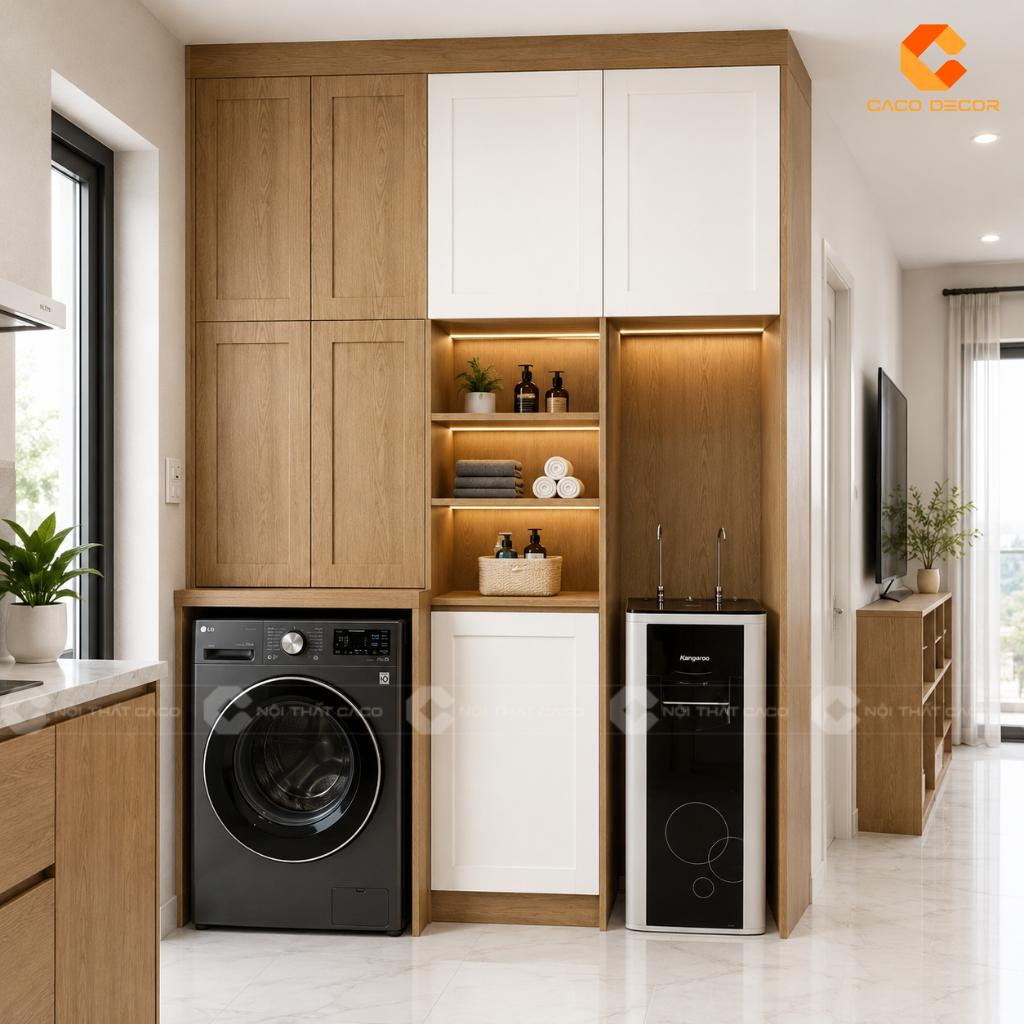 Phối cảnh 3D tủ lưu trữ khu giặt phối gỗ trắng