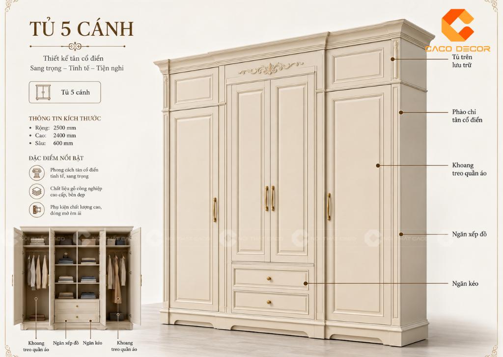 Phối cảnh 3D tủ quần áo tân cổ điển 5 cánh