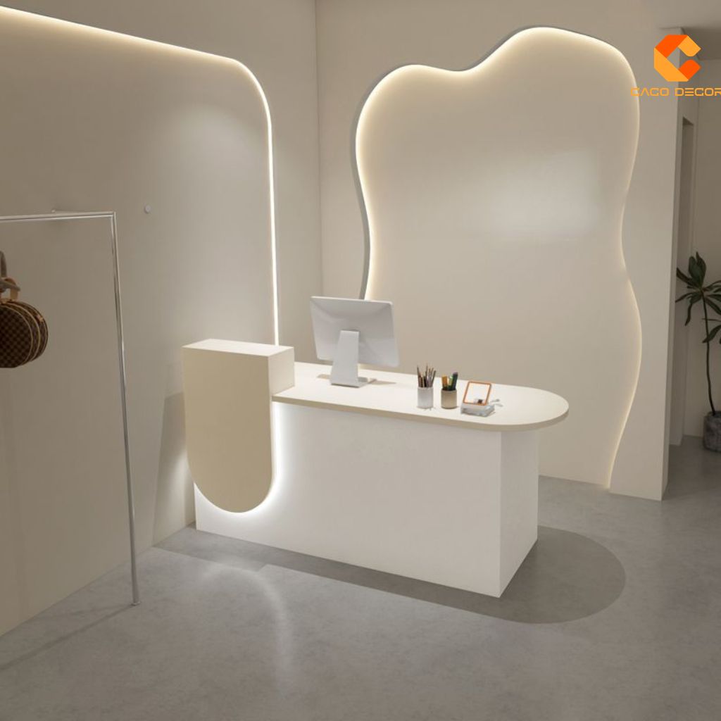 Quầy lễ tân gỗ công nghiệp QLT034 màu trắng tích hợp đèn LED