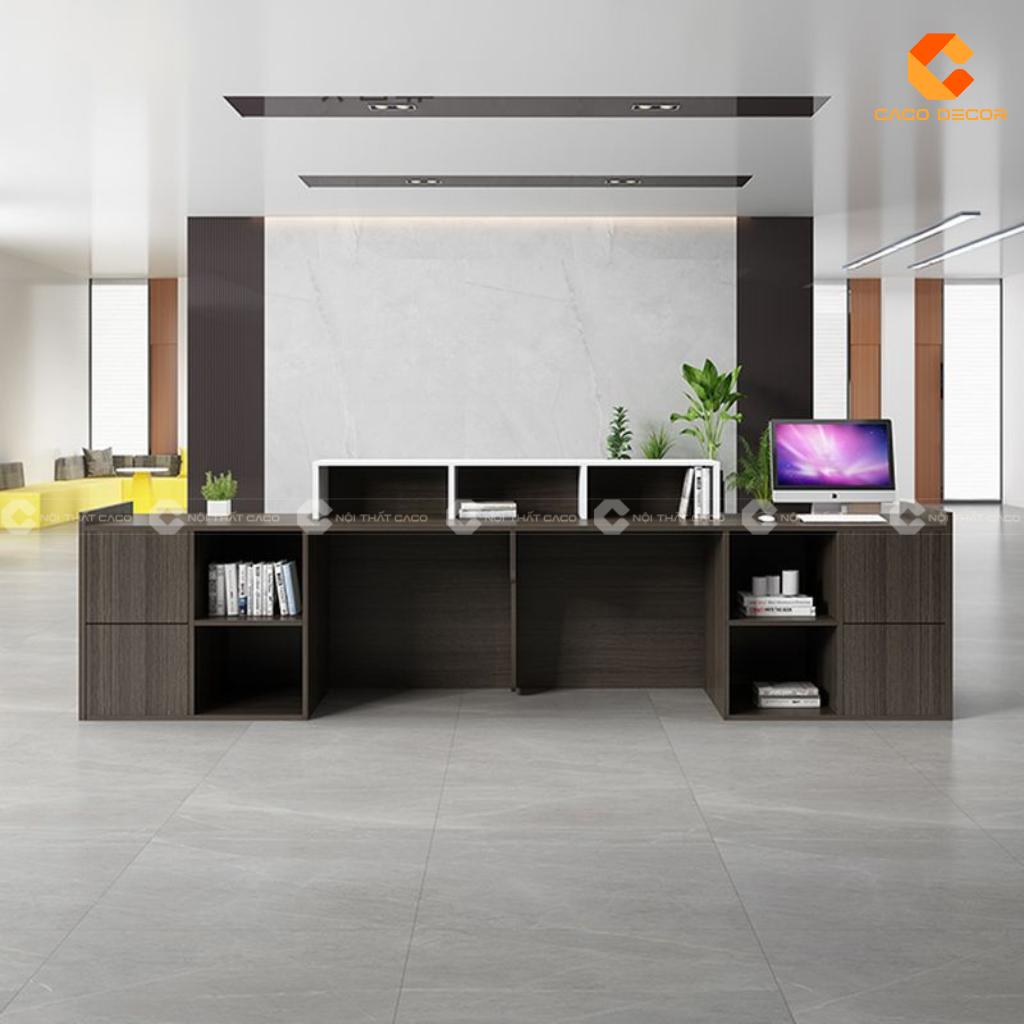 Mặt sau quầy lễ tân gỗ công nghiệp QLT041 có kệ mở
