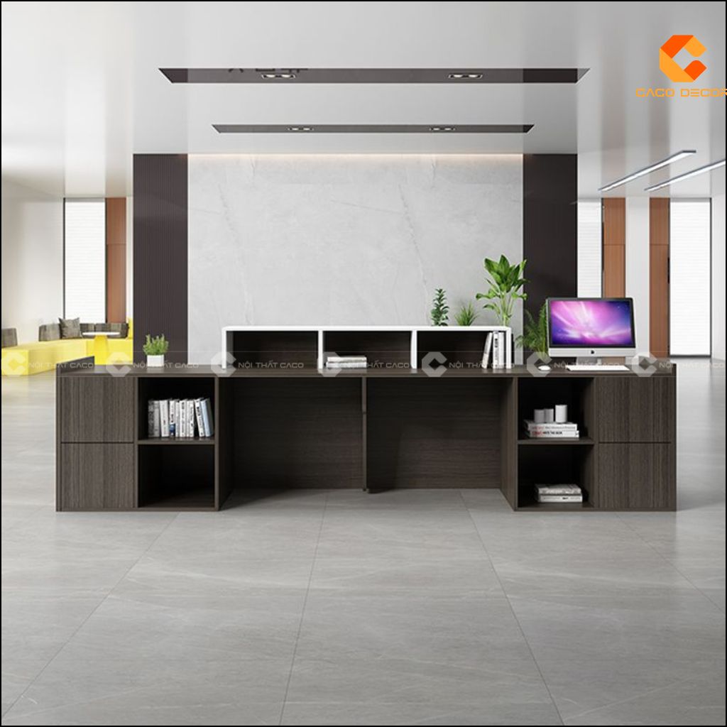 Mặt sau quầy lễ tân gỗ công nghiệp QLT041 có kệ mở