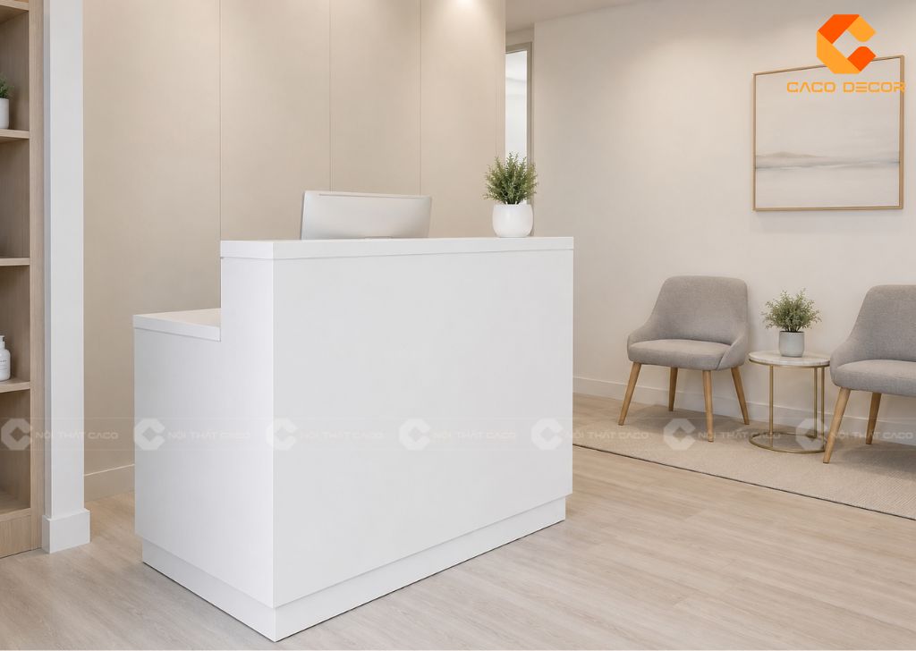 Quầy lễ tân nhỏ màu trắng phong cách tối giản