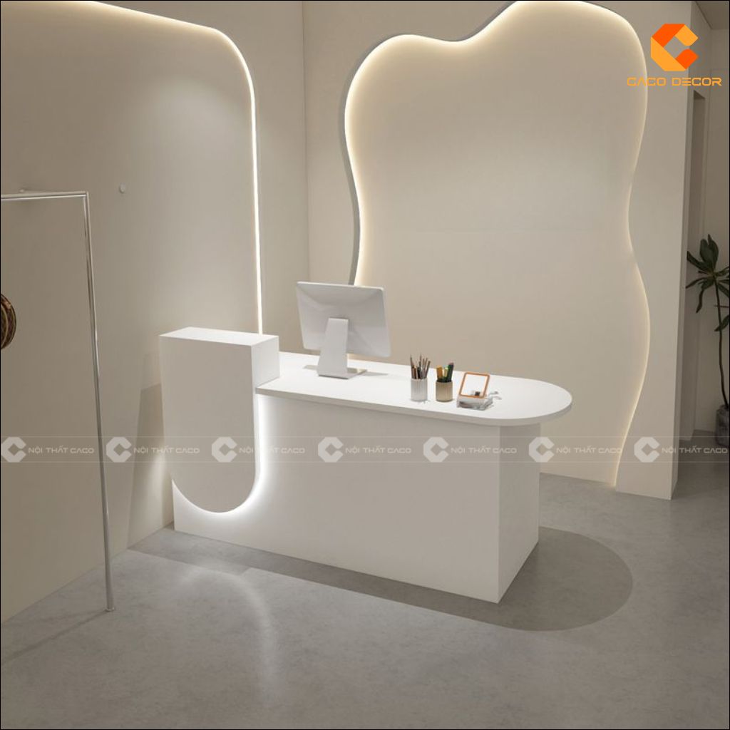 Quầy lễ tân gỗ công nghiệp QLT034 màu trắng tối giản cho spa