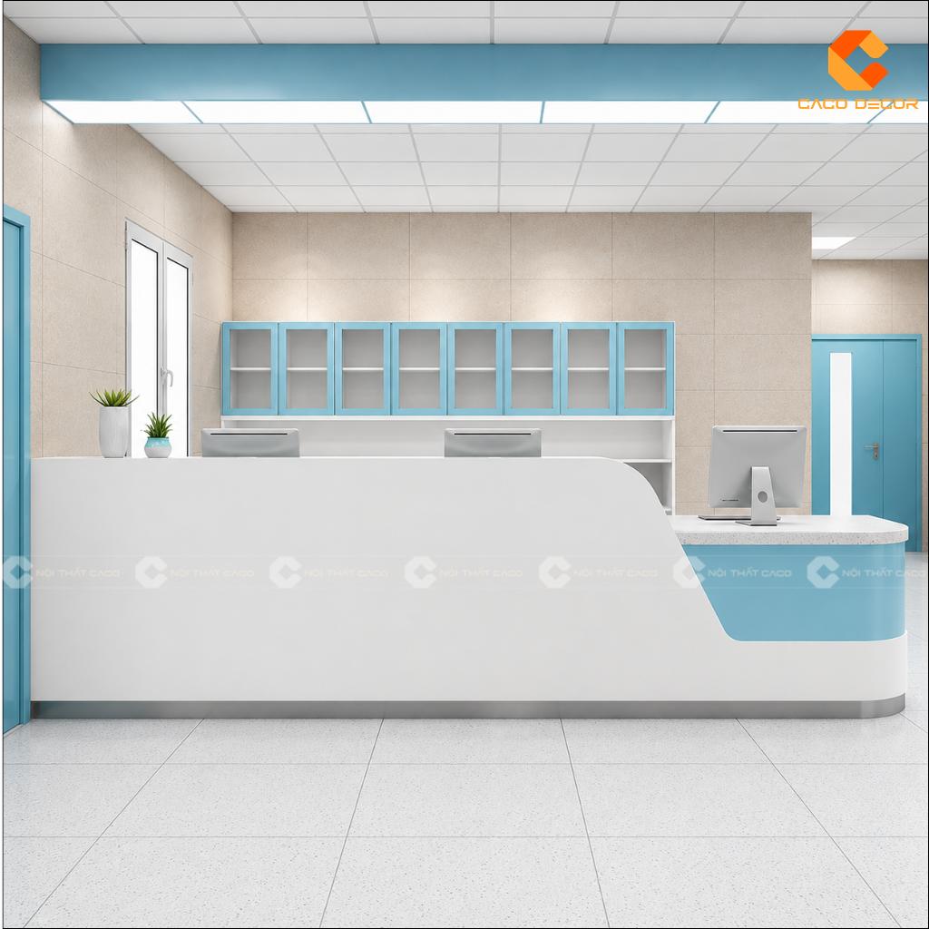 Quầy lễ tân QLT042 chính diện với mặt quầy dài