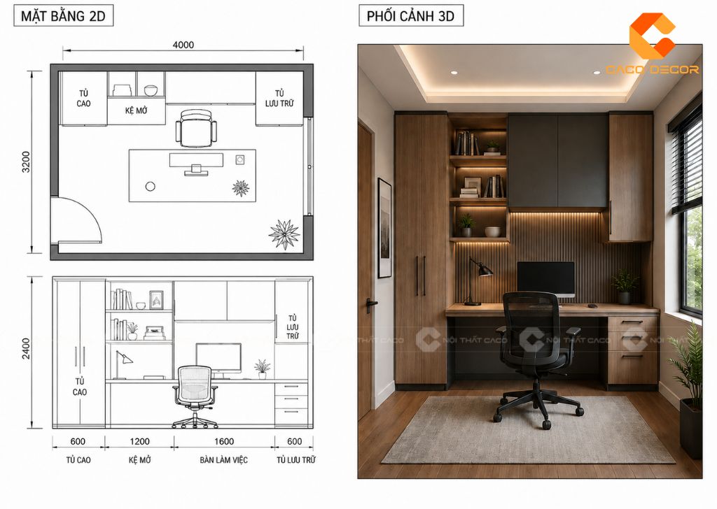 Bản vẽ thiết kế phòng làm việc cá nhân 2D 3D