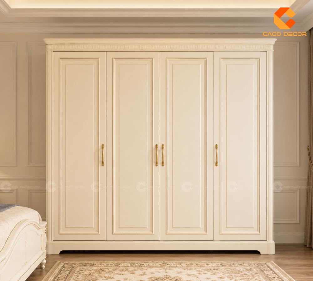 Tủ quần áo tân cổ điển màu trắng chạm khắc tinh xảo — phòng ngủ biệt thự cao cấp Hà Nội