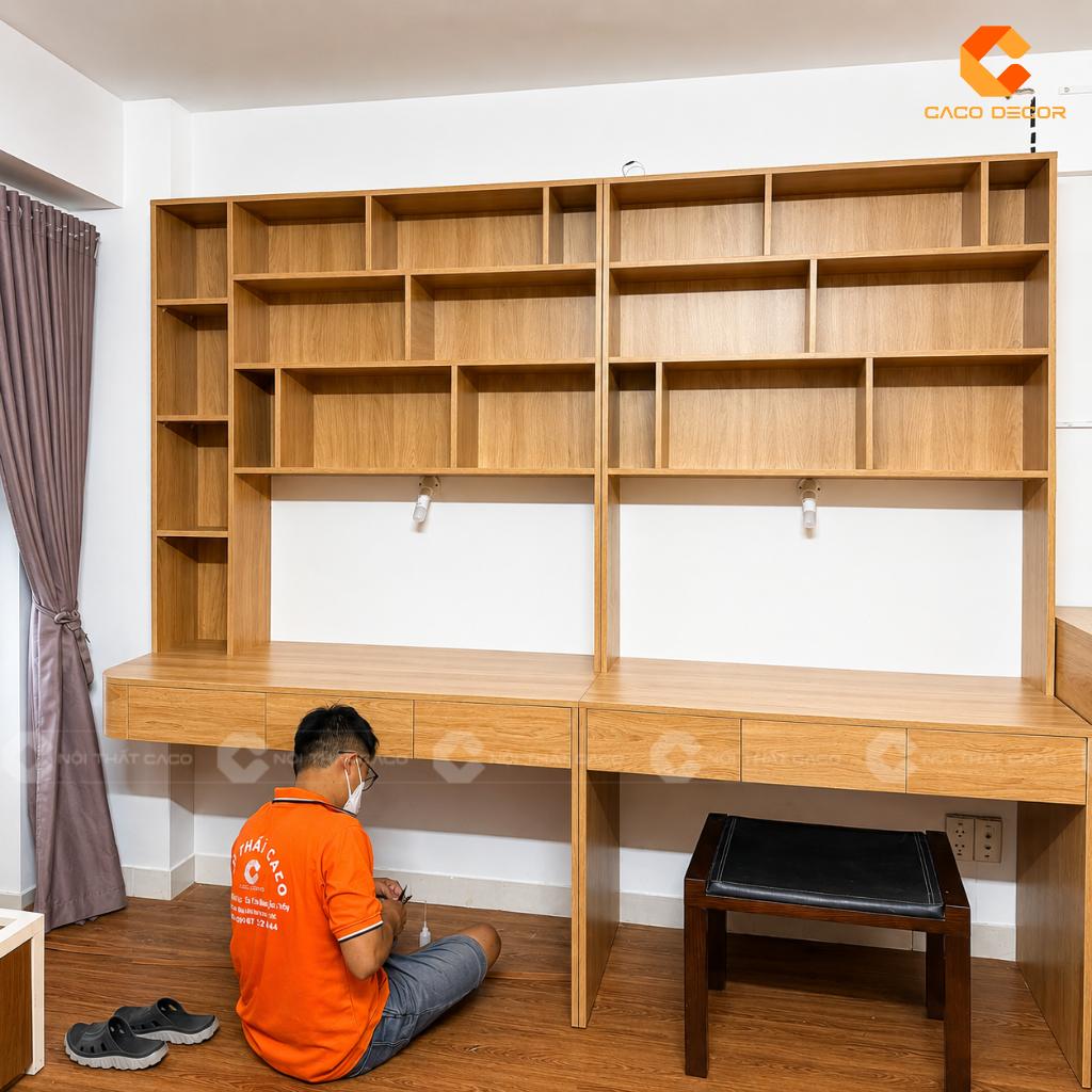 Bàn học đôi kết hợp kệ sách gỗ công nghiệp