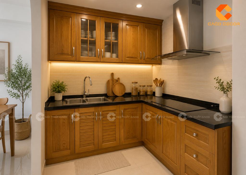 Tủ bếp gỗ tự nhiên cho bếp nhỏ ấm cúng
