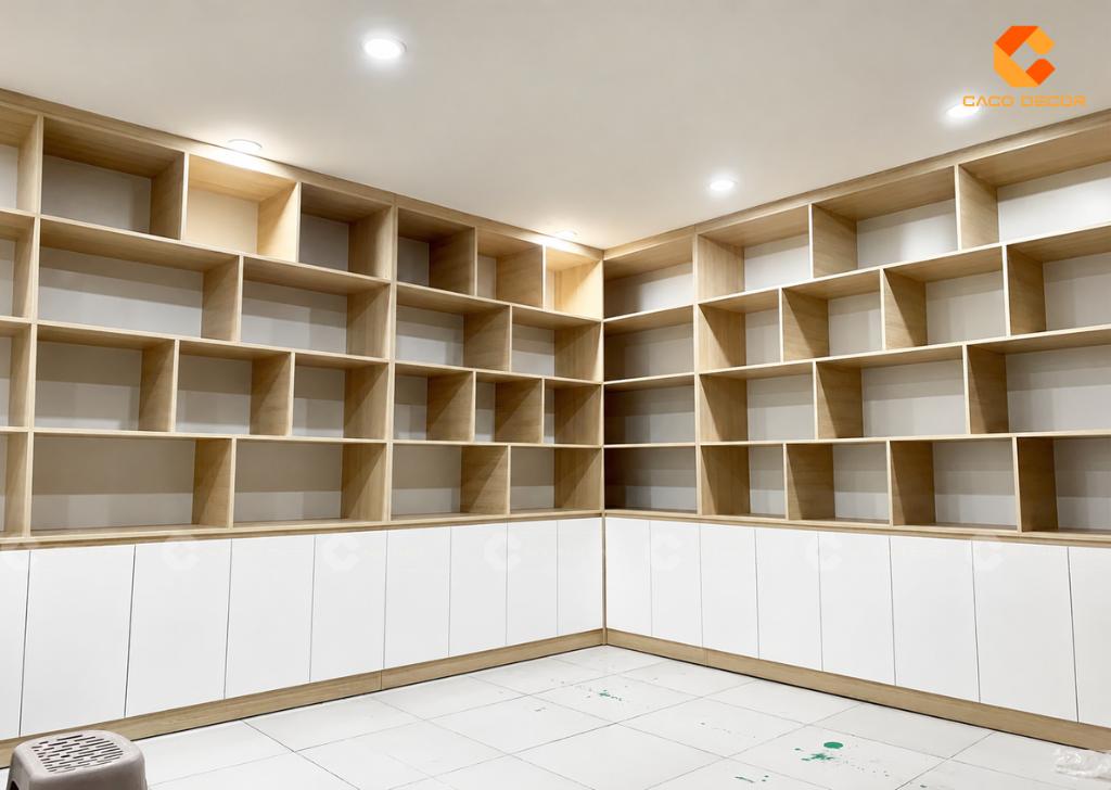 Cận cảnh tủ hồ sơ chữ L với nhiều khoang mở và tủ dưới cánh kín