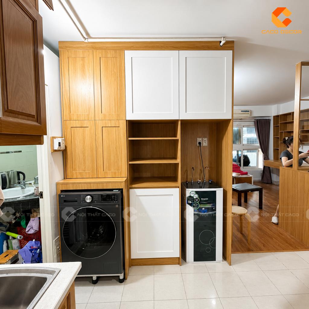 Tủ lưu trữ kết hợp khu giặt tone gỗ trắng