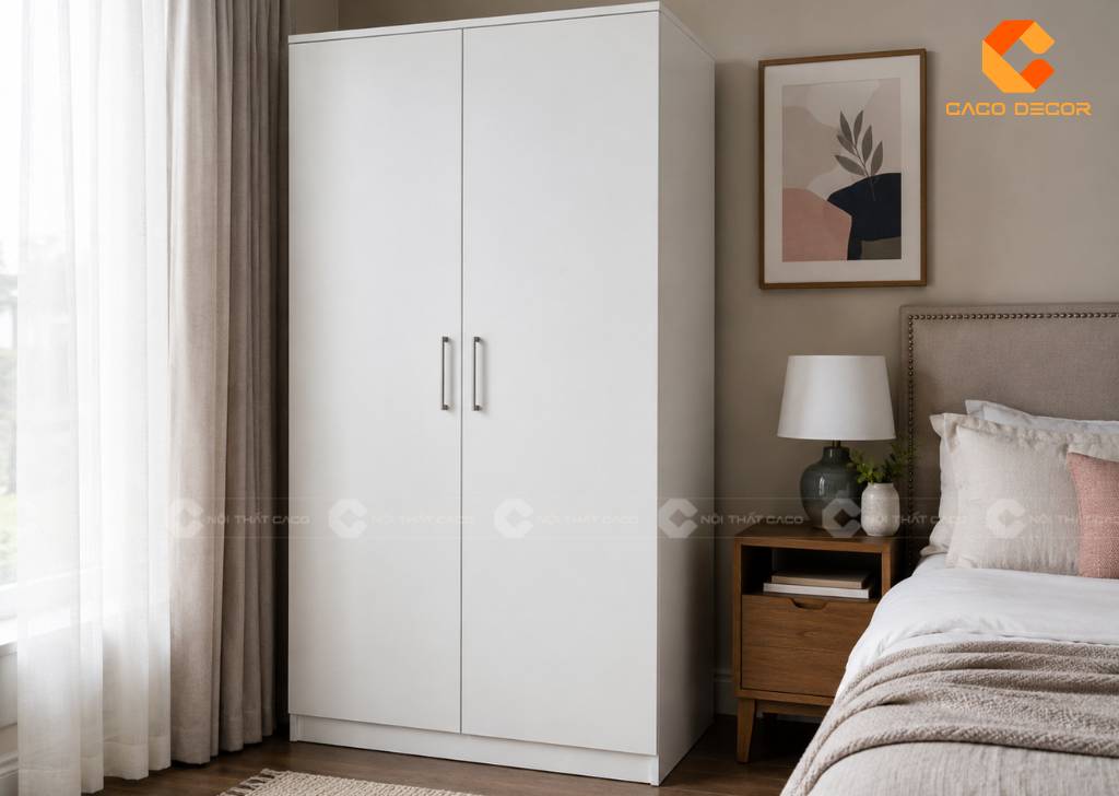 Mẫu tủ quần áo rộng 1m2 màu trắng đặt cạnh giường