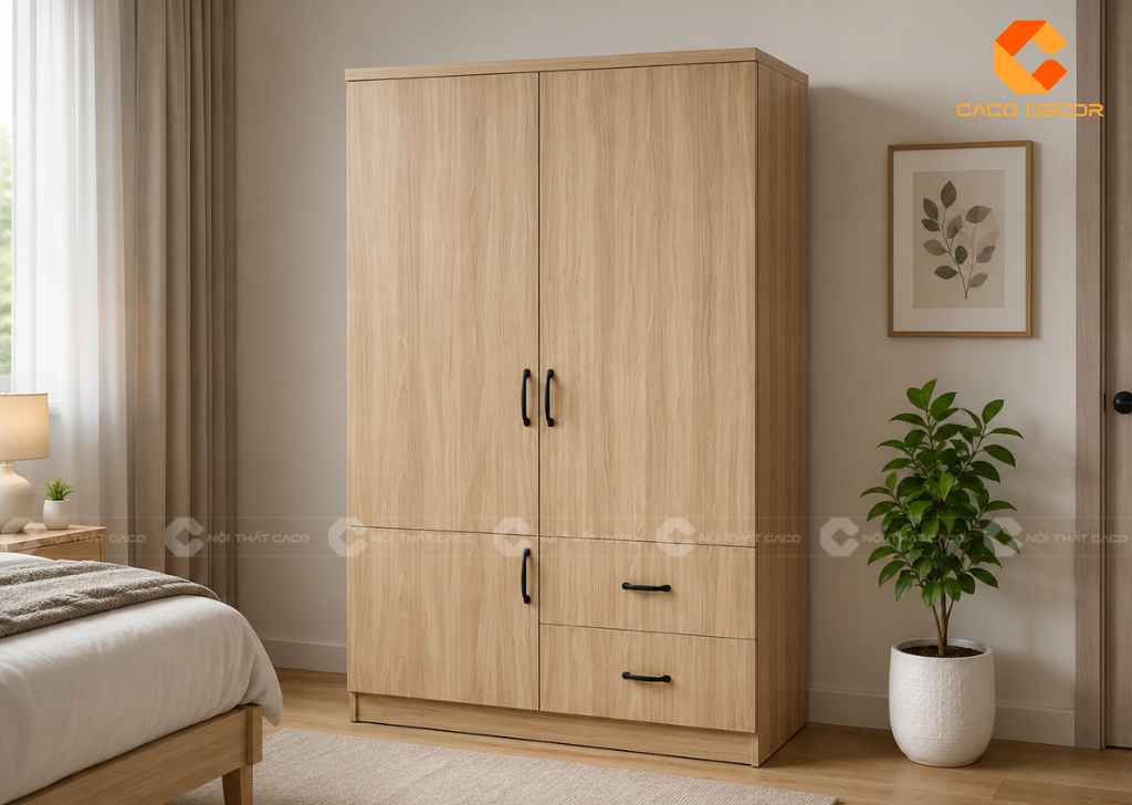 Tủ quần áo 1m2 vân gỗ sáng thiết kế hai cánh