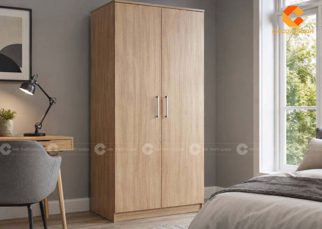 Tủ quần áo 2 cánh 1m2 phủ vân gỗ sáng thanh lịch