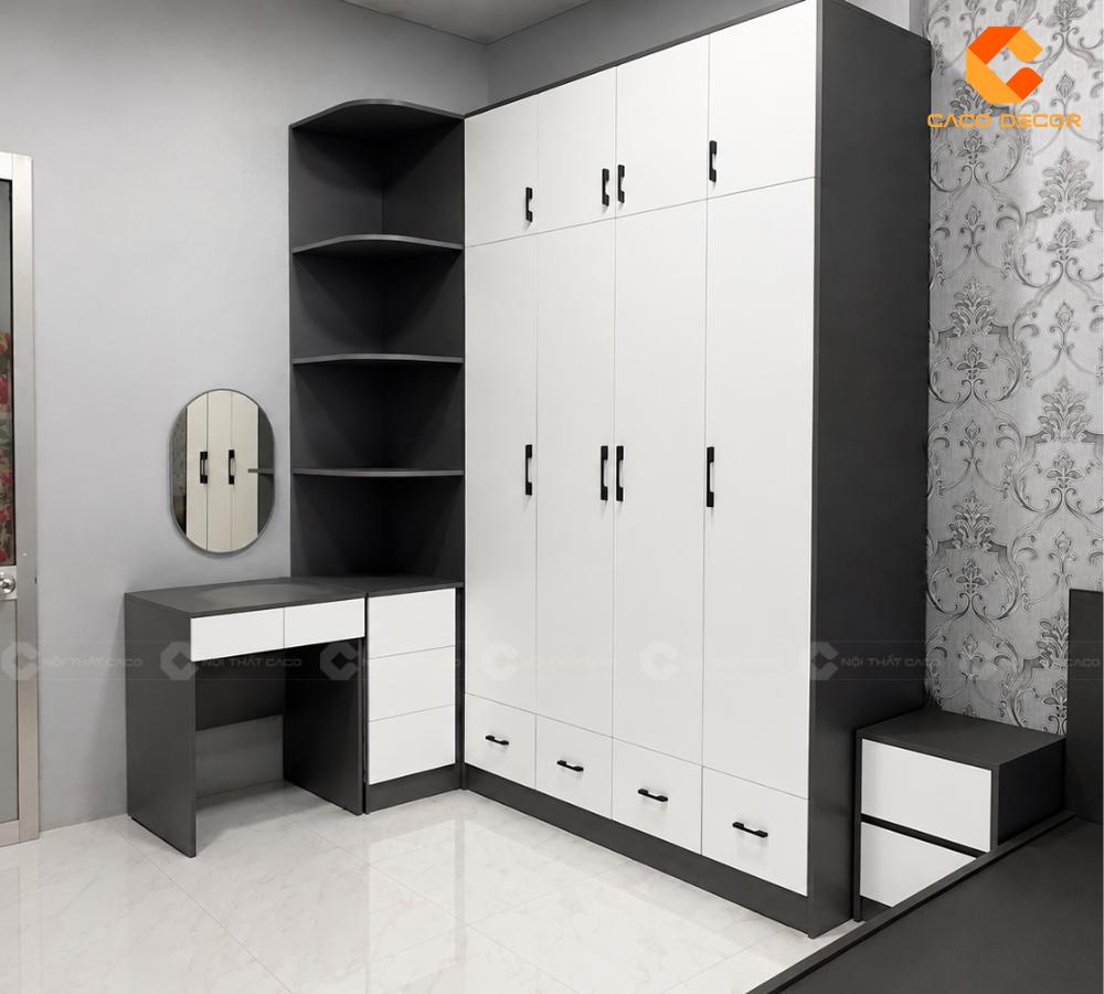 Tủ áo kết hợp bàn phấn bàn làm việc màu trắng phối đen