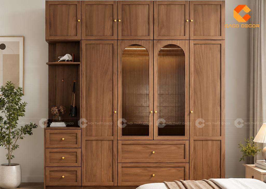 Tủ quần áo tân cổ điển gỗ màu nâu phối cánh kính