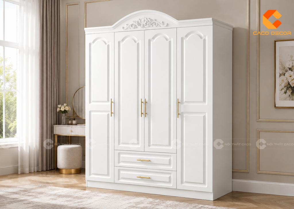 Tủ tân cổ điển 4 cánh màu trắng phối tay nắm vàng sang trọng