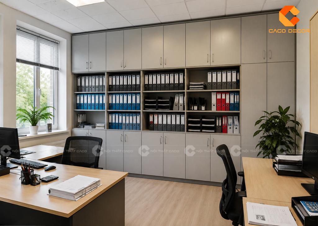 Mẫu văn phòng kế toán 20m2 có tủ hồ sơ kịch trần