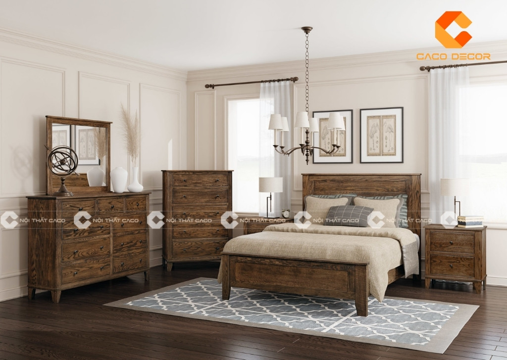 Phòng ngủ được bố trí giường ngủ hài hòa với các đồ nội thất khác