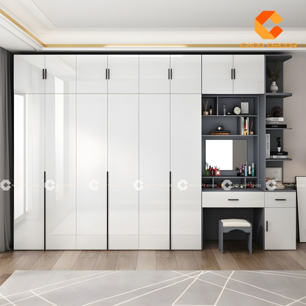 Mẫu tủ quần áo có bàn trang điểm với thiết kế bóng gương cao cấp