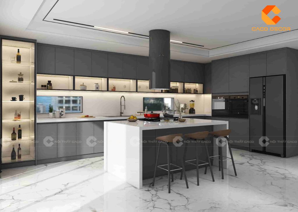 Tủ bếp thiết kế tích hợp bàn đảo rất được ưa chuộng