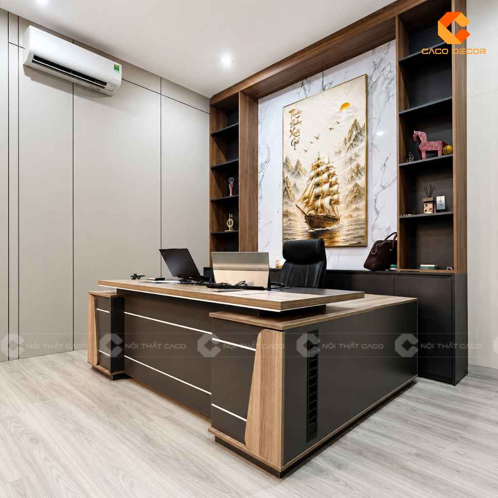 Bàn giám đốc 2m phối màu gỗ và đen tại công trình anh Long