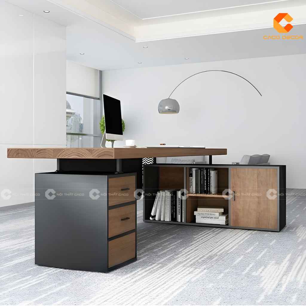 Bàn làm việc giám đốc gỗ tự nhiên BGD066 phối màu gỗ và đen