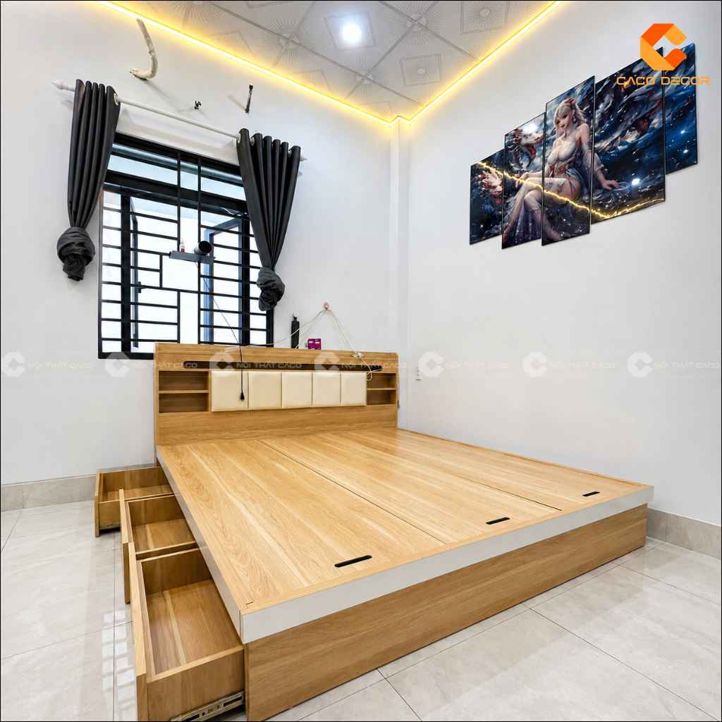 Giường ngủ hoàn thiện có hộc kéo và đầu giường tích hợp kệ tiện dụng