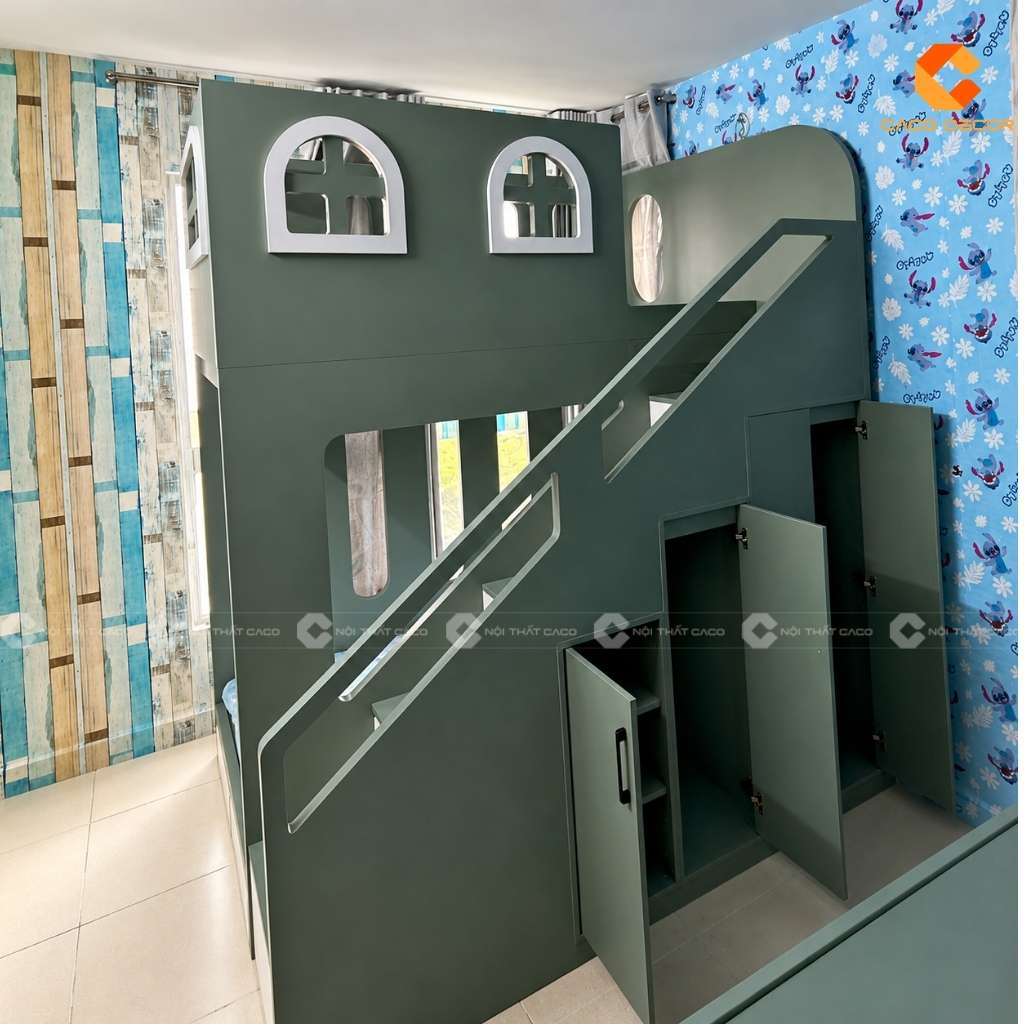 Giường tầng trẻ em màu xanh lá trầm tích hợp nhiều khoang tủ tiện dụng