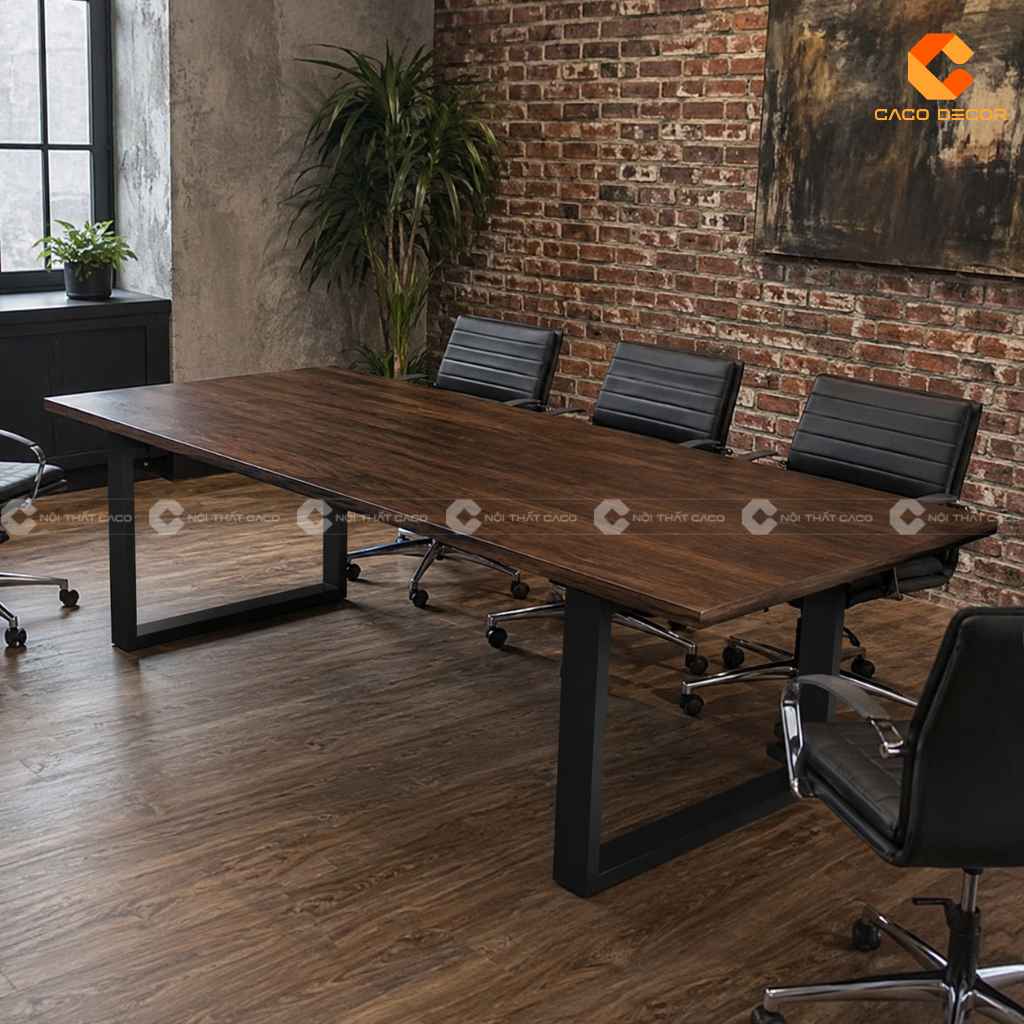 Bàn họp 2m4 chân sắt mặt gỗ màu nâu