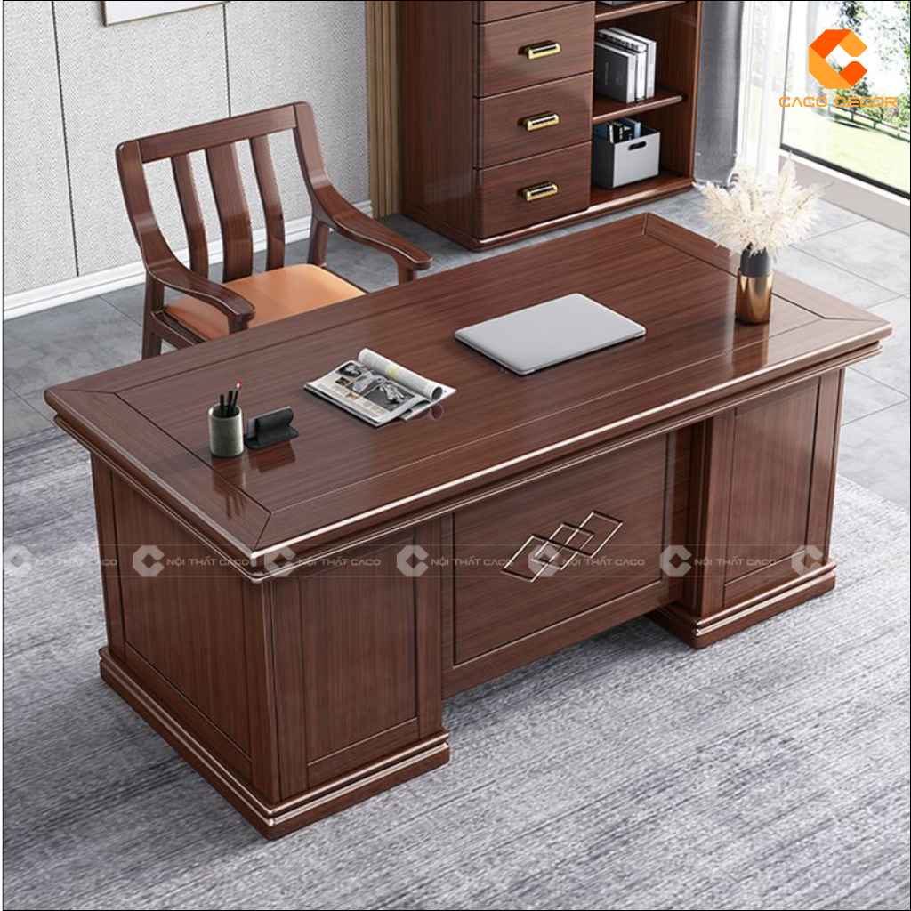 Bàn làm việc giám đốc gỗ tự nhiên BGD062 màu nâu bề thế