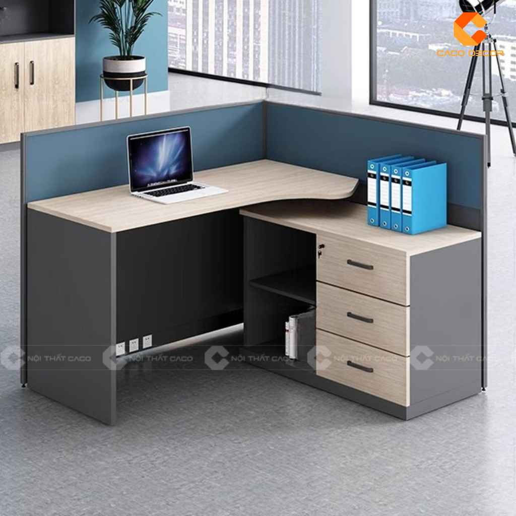 Bàn làm việc nhân viên BLVNV35 dạng góc kết hợp hộc tủ và kệ mở
