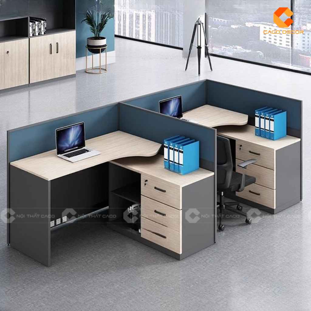 Bàn làm việc nhân viên BLVNV35 cụm 2 chỗ dạng góc có vách ngăn