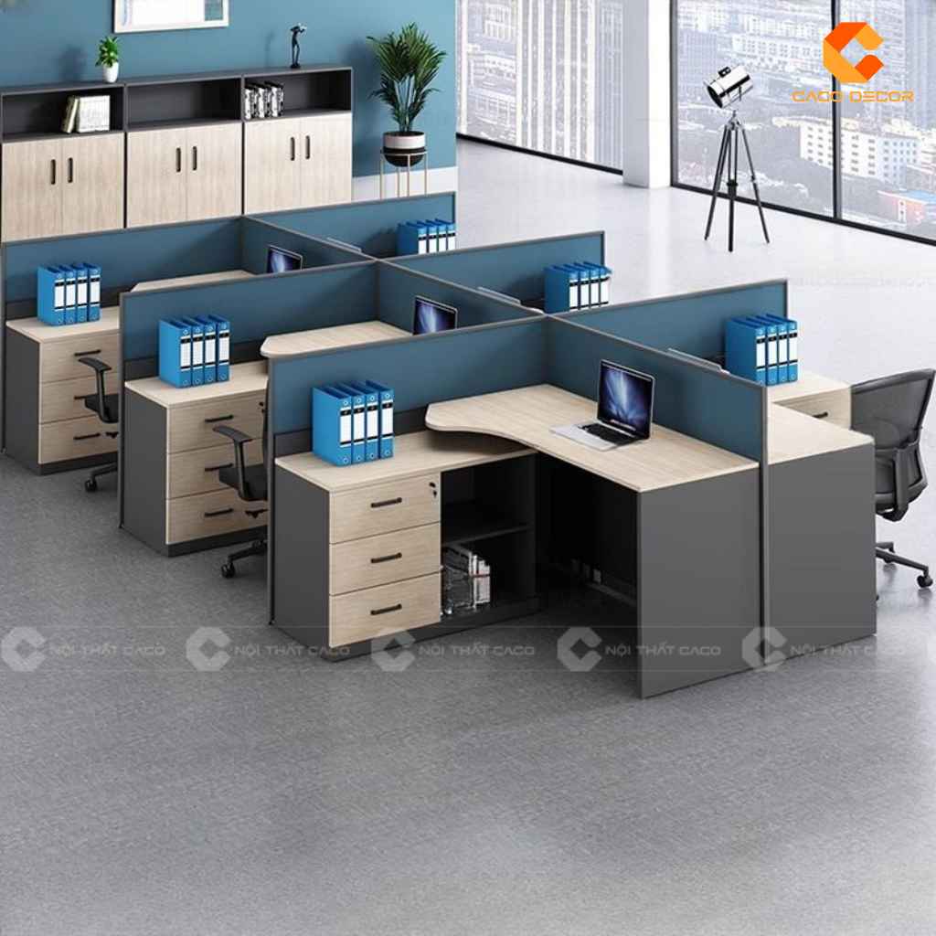 Bàn làm việc nhân viên BLVNV35 bố trí cụm nhiều chỗ trong văn phòng