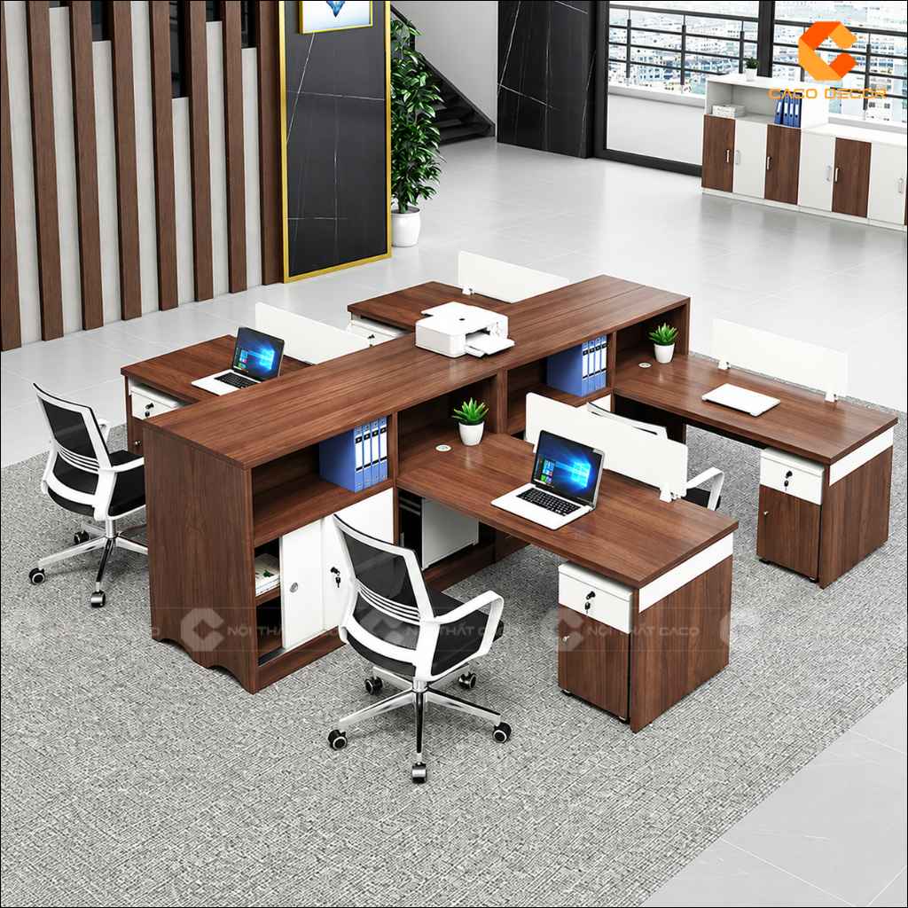 Bàn làm việc nhân viên BLVNV38 cụm 4 chỗ có kệ trung tâm