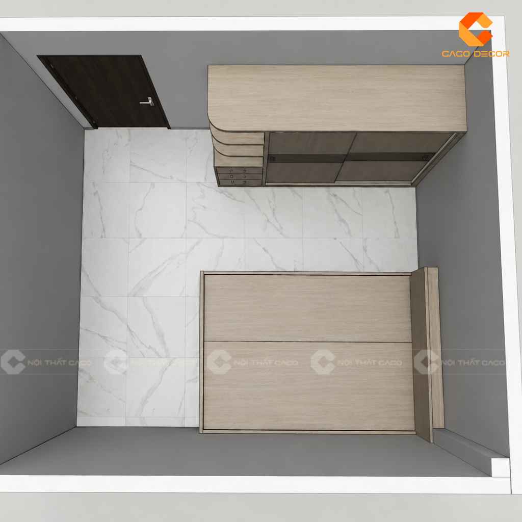 Bản vẽ 2D bố trí giường và tủ áo phòng ngủ thứ nhất