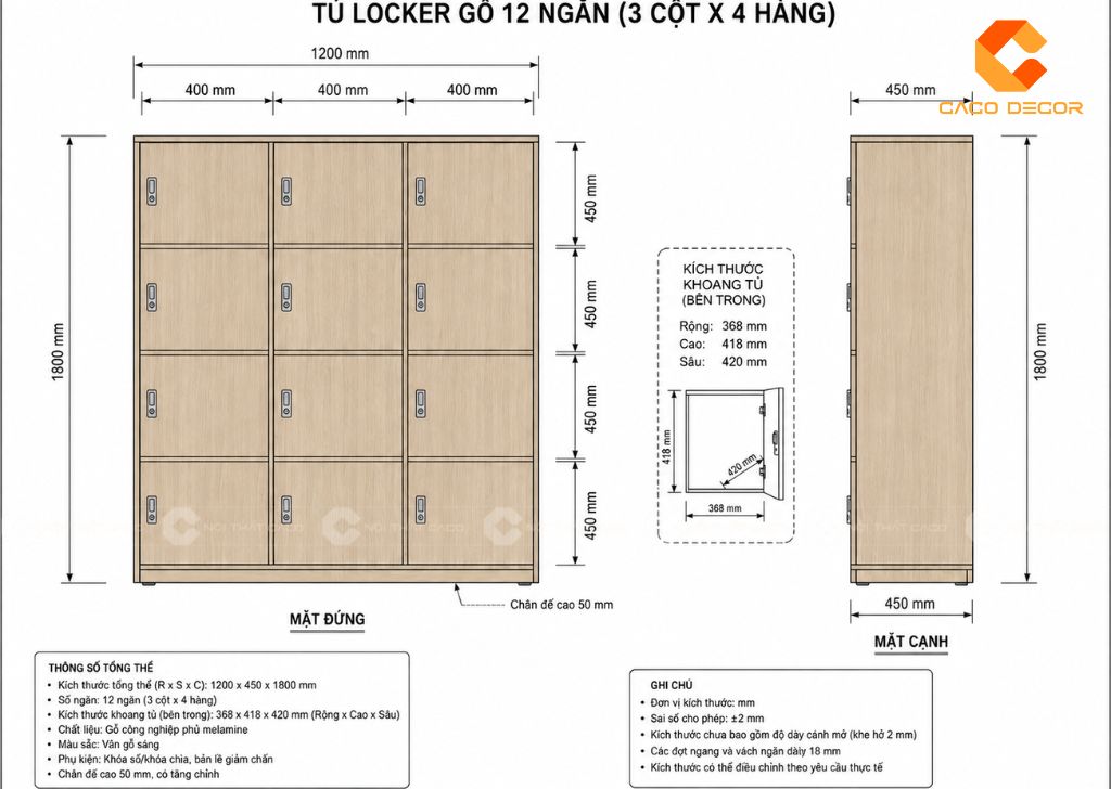 Bản vẽ kích thước tủ locker gỗ nhiều ngăn