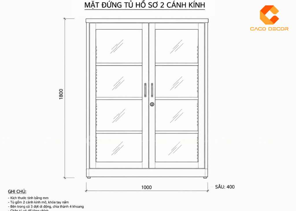 Bản vẽ mặt đứng tủ hồ sơ hai cánh kính