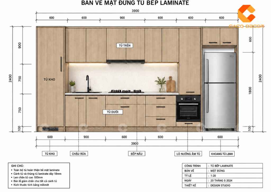 Bản vẽ mặt đứng thiết kế tủ bếp Laminate