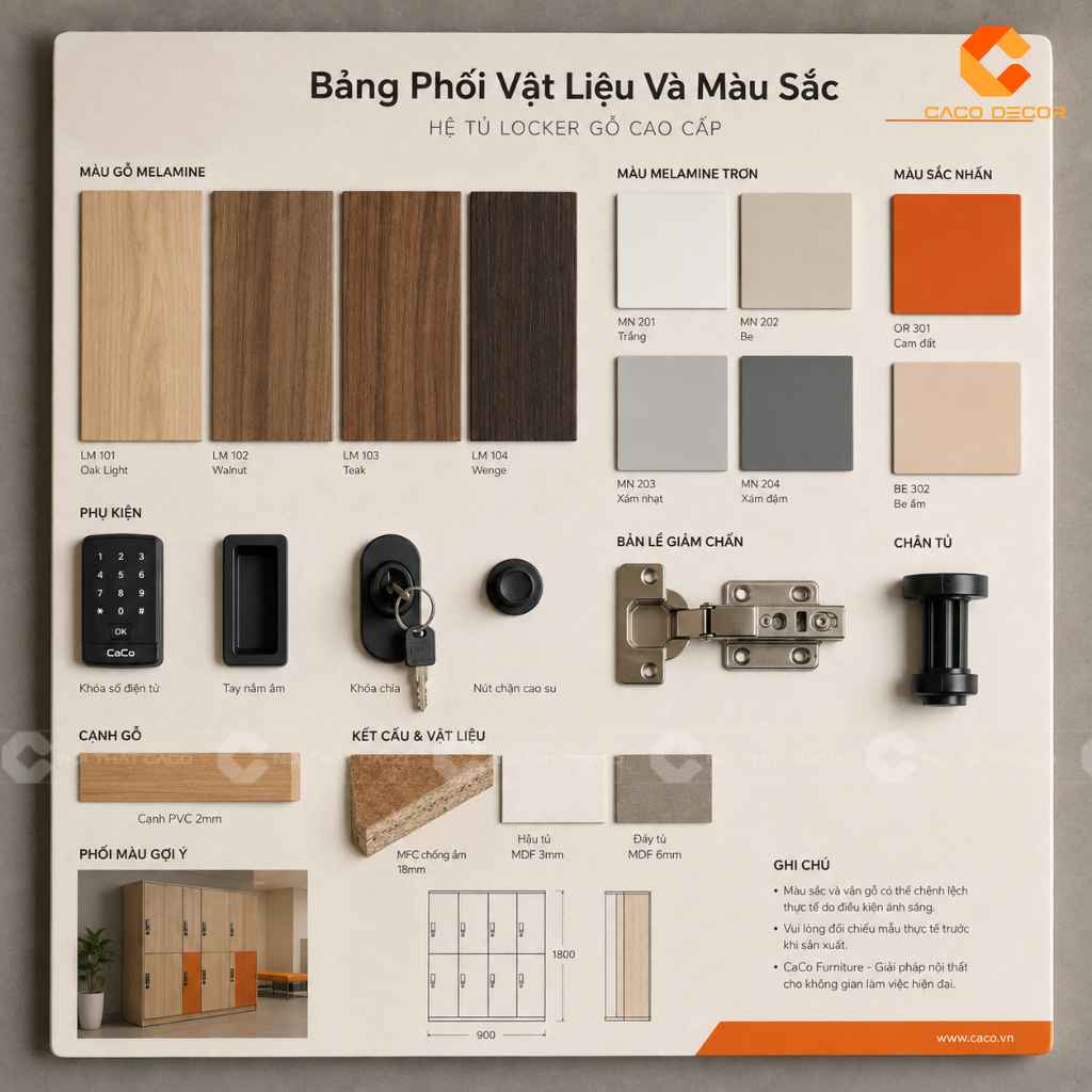 Bảng phối vật liệu và màu sắc cho tủ locker văn phòng